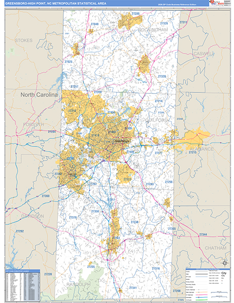 Greensboro-High Point Metro Area Wall Map Basic Style